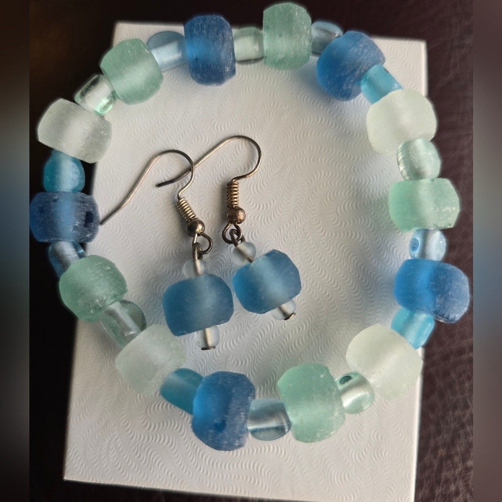 Blue and Green Beaded Sea Glass Bracelet and Earring Set From Kauai